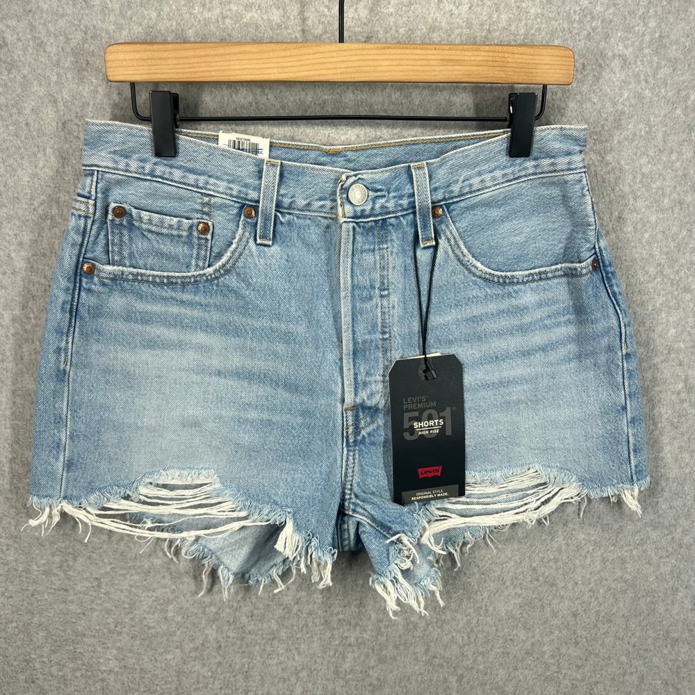 Levi's Premium 501 High Rise Shorts Women 31β Light Blue Distressed Cut Off NWT